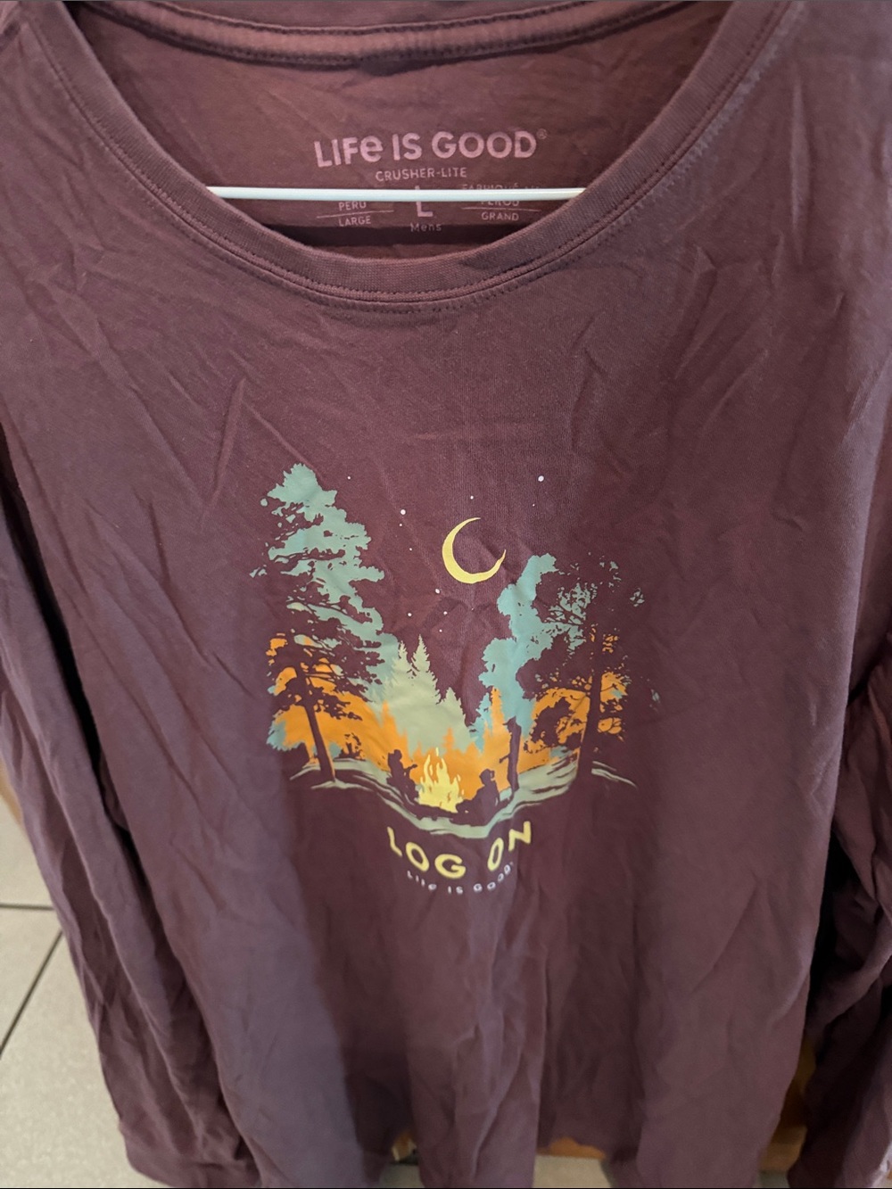 Life Is Good plum long sleeve tee with campfire scene